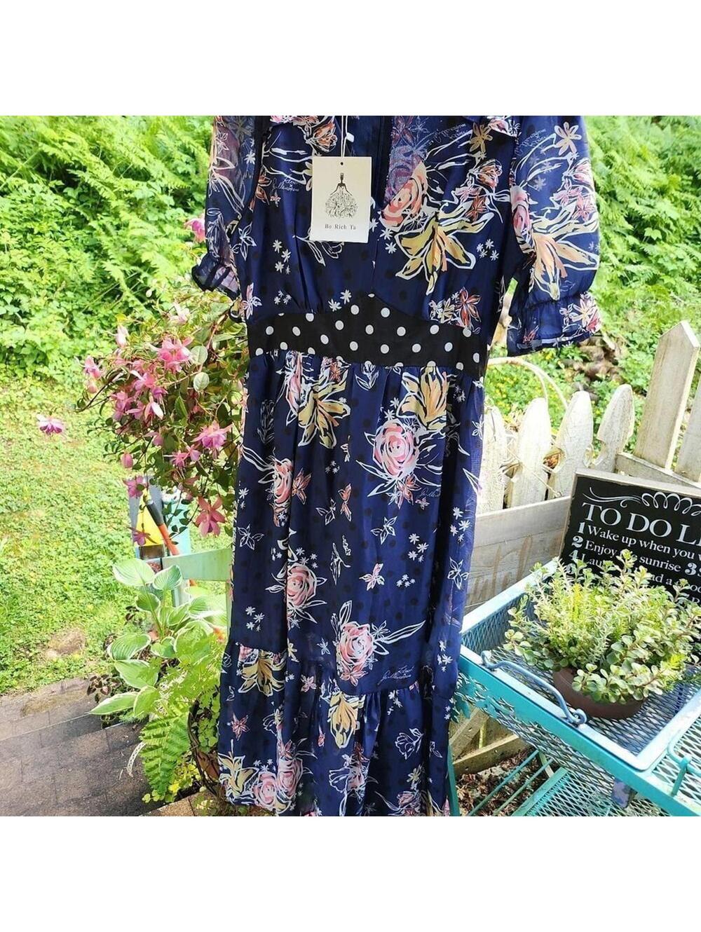 NEW with Tags Navy Floral Polka Dot Midi Dress Medium